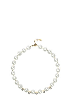 Pearl necklace with evenly spaced white pearls and five clear crystal accents on a gold chain with adjustable clasp.
