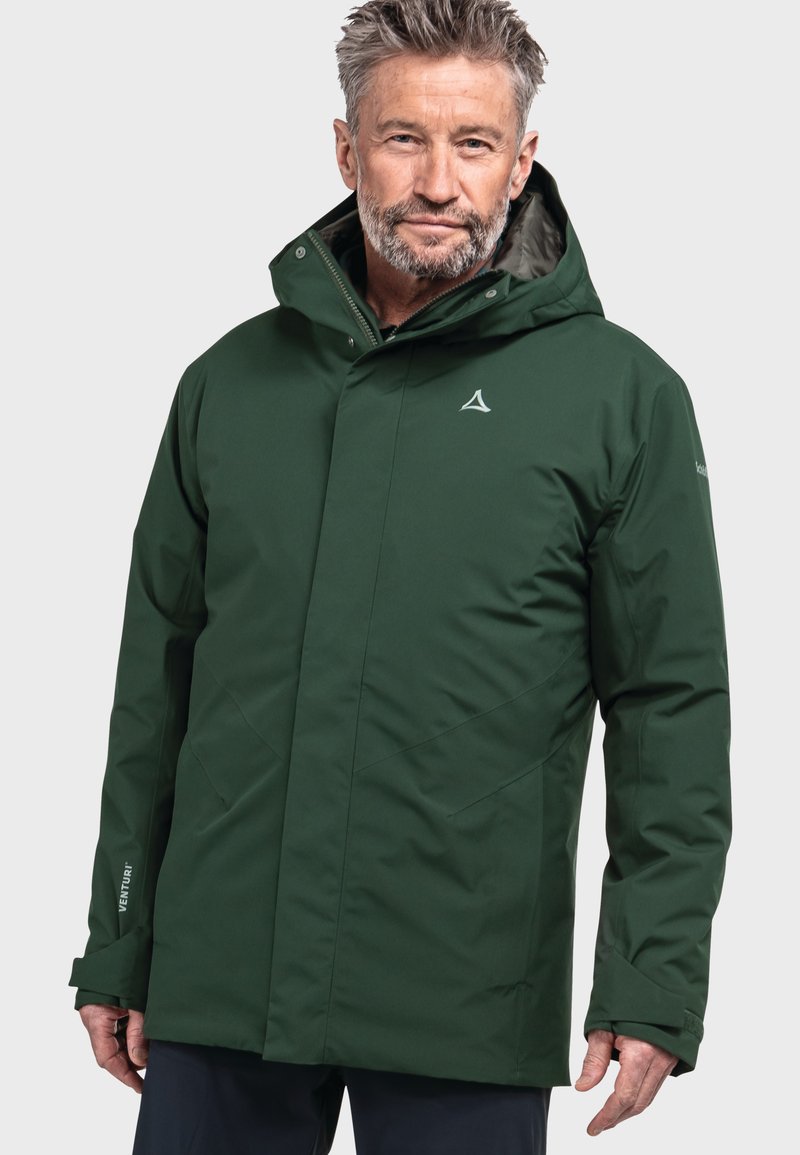 Groene waterdichte jas met een capuchon, ritssluiting en schuine naden. Inclusief "VENTURI" merk op de mouw. Soepele textuur.