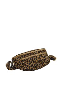 Sac banane en imprimé léopard marron avec des taches noires. Il dispose de deux compartiments zippés et d'une bandoulière détachable pour un port polyvalent.