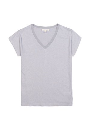 Hellgraues kurzärmliges V-Ausschnitt-Oberteil aus weichem Stoff, mit einem gerippten Halsausschnitt und glatter Textur. Keine Muster oder Verzierungen vorhanden.