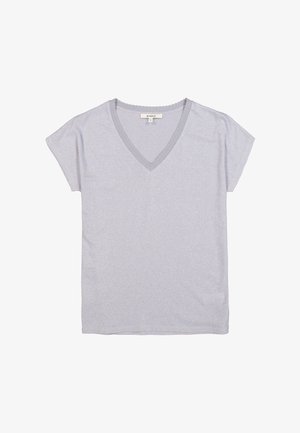 Lichtgrijze korte mouwen V-hals top gemaakt van zachte stof, met een geribde halslijn en een gladde textuur. Zonder patronen of versieringen.