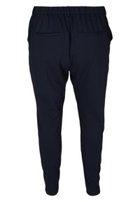 Dunkelblaue Jogginghosen mit elastischem Bund, schmal zulaufenden Beinen und zwei Gesäßtaschen. Hergestellt aus weichem, leichtem Stoff mit glatter Textur.