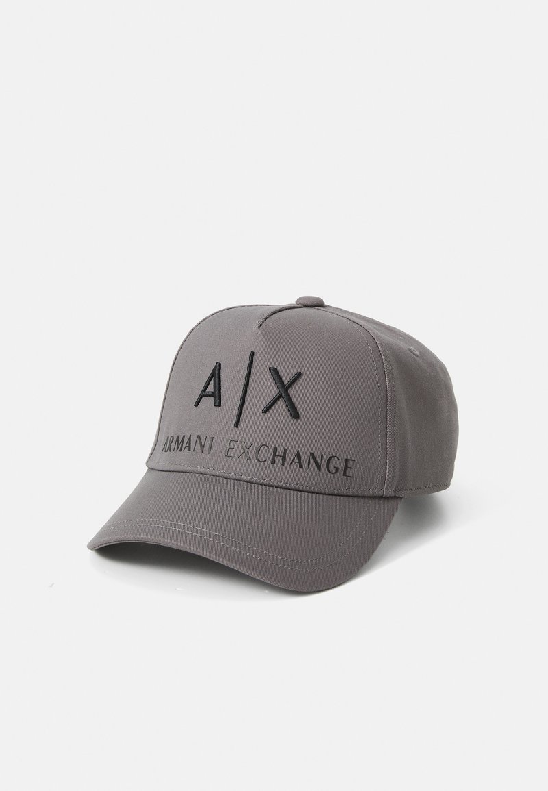 Gray baseball cap made of durable fabric featuring a black embroidered logo "A/X" and "ARMANI EXCHANGE" on the front. Curved brim.
