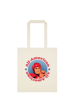 Béžová taška s retro ilustrací muže v červené fotbalové helmě a obleku, obklopeného textem "All-American."