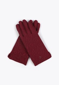 Bordo rukavice s utisnutim uzorkom koji sadrži slova i suptilni detalj loga. Napravljene su od teksturirane tkanine, dizajnirane za toplinu.
