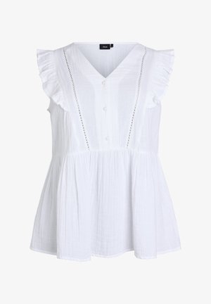 Blusa blanca sin mangas con escote en V, botones delanteros, hombros con volantes, adorno de encaje vertical y bajo acampanado con cintura fruncida.