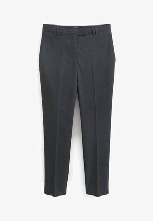 Op maat gemaakte donkergrijze broek van gladde stof, met een platte voorkant, riemlussen en een rechte pijp.