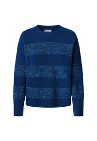 Suéter azul con rayas horizontales y acentos brillantes. Textura suave y cuello y puños acanalados. Corte regular.