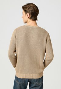 Beige gestrickter Pullover mit strukturiertem Gewebe, runder Ausschnitt und geripptem Saum. Die Rückseite zeigt eine lockere Passform und lange Ärmel.