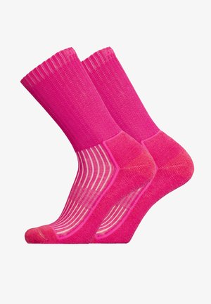 Pink socks with a ribbed cuff, featuring a solid body and striped pattern on the sides. Made from a textured material for comfort.