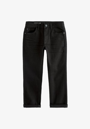 Schwarze Slim-Fit-Jeans mit Fronttaschen, Gürtelschlaufen, Knopfverschluss und hochgekrempelten Säumen, flach auf weißem Hintergrund präsentiert.