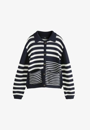 Navy blue and white striped cardigan with a collared neckline, six buttons down the front, and two front pockets with horizontal stripes.