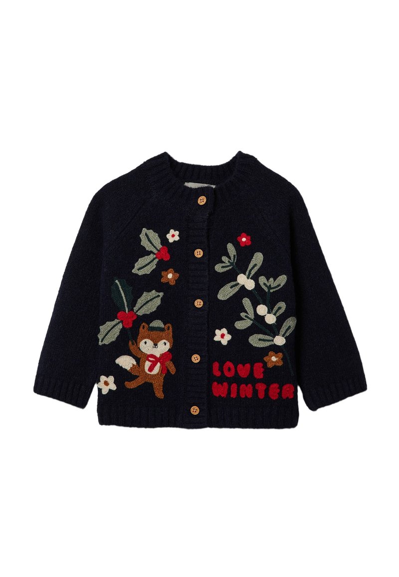 Cardigan en maille bleu marine avec boutons en bois, ornée d'un renard brodé, de fleurs et du texte "LOVE WINTER" en rouge. Design confortable et fantaisiste.