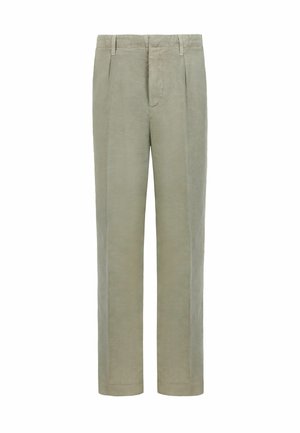 Pantalon droit vert olive clair avec plis sur le devant, passants de ceinture et fermeture éclair dissimulée.