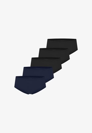 Cinq slips hipster sans couture pour femmes en bleu marine et noir, disposés en rangée diagonale descendante sur fond blanc.