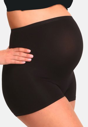 Sorte graviditetsshorts fremstillet af en glat, strækbar stof. De har en høj talje og en tætsiddende pasform, designet til komfort under graviditeten.