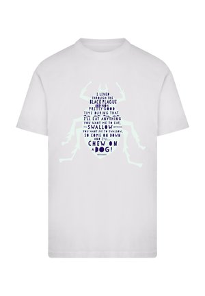 White cotton t-shirt featuring a large graphic of a beetle made from blue text with humorous phrases about eating and a playful design.