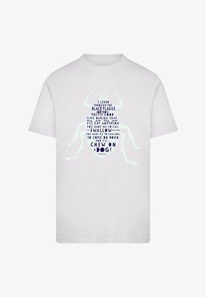 White cotton t-shirt featuring a large graphic of a beetle made from blue text with humorous phrases about eating and a playful design.