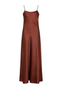 Satin-Spaghettiträgerkleid in einem tiefen Rostton. Es verfügt über einen geraden Ausschnitt und eine fließende, A-förmige Silhouette mit einer glatten Textur.