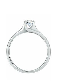 Weißgoldring mit einem runden, klaren Diamanten, der in einem minimalistischen Vierkrallen-Design mit einer glatten, polierten Oberfläche gefasst ist.