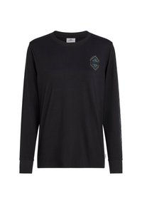 Black long-sleeve shirt made of cotton, featuring a graphic logo on the chest and patterned accents along the sleeves. Ribbed cuffs included.