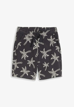 Schwarze Shorts mit weißem Palmenmuster, elastischem Bund und vorderer Kordel, vor weißem Hintergrund gezeigt.