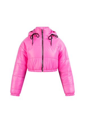 Helle pinke, taillierte Pufferjacke aus glänzendem Material, mit einem Frontreißverschluss, einer Kapuze mit Kordelzügen und elastischen Bündchen.