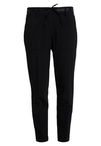 Pantalon noir à coupe fuselée, doté d'une taille à cordon de serrage, de deux poches avant et d'une texture lisse. Convient pour une tenue décontractée.