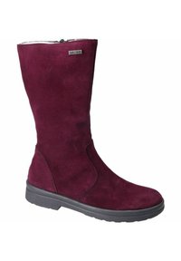 Hohe Winterstiefel für Damen aus dunkelviolettem Wildleder mit schwarzer Gummisohle und seitlichem Reißverschluss, ausgestattet mit einem kleinen silbernen Markenanhänger nahe der Oberkante.