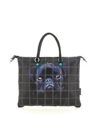 Borsa nera con motivo a griglia che presenta una stampa in primo piano del volto di un pug nero e due manici neri con dettagli turchesi.