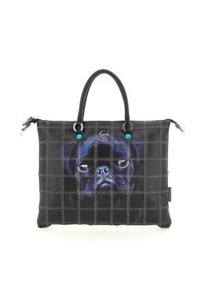 Borsa nera con motivo a griglia che presenta una stampa in primo piano del volto di un pug nero e due manici neri con dettagli turchesi.