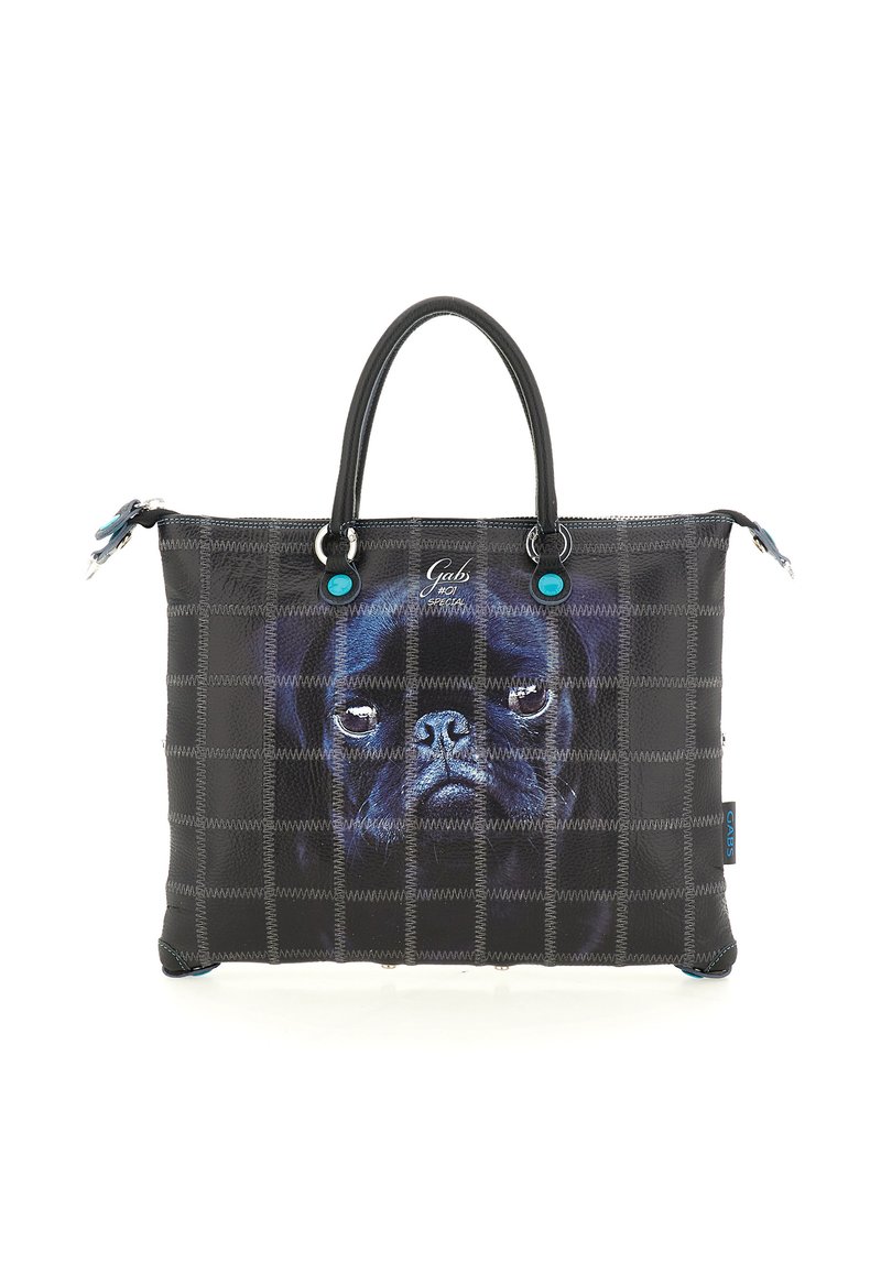 Borsa nera con motivo a griglia che presenta una stampa in primo piano del volto di un pug nero e due manici neri con dettagli turchesi.