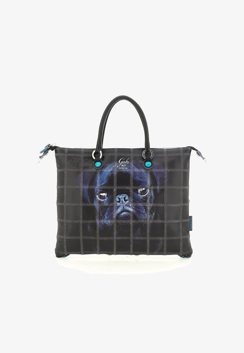 Borsa nera con motivo a griglia che presenta una stampa in primo piano del volto di un pug nero e due manici neri con dettagli turchesi.