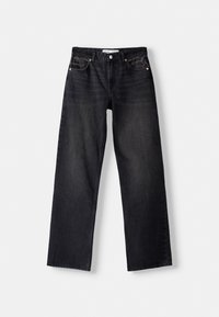 Jeans rectos negros hechos de denim, con cierre de botón, cinco bolsillos y un sutil desgaste en la tela.