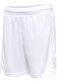 Weiße Sportshorts aus leichtem Material mit einem elastischen Bund und einem seitlichen Design mit kontrastierenden Chevron-Mustern.