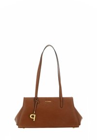 Sac à main marron avec une surface textur�ée, arborant un logo doré, des poignées fines et un ornement clé décoratif. Fini lisse, forme structurée.