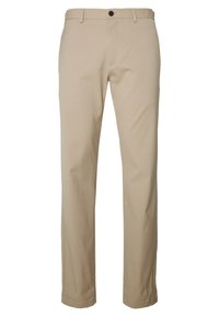 Pantalones chinos de algodón beige con diseño de pierna recta, cuentan con un cierre frontal de un solo botón y trabillas para cinturón. Textura suave sin estampados.