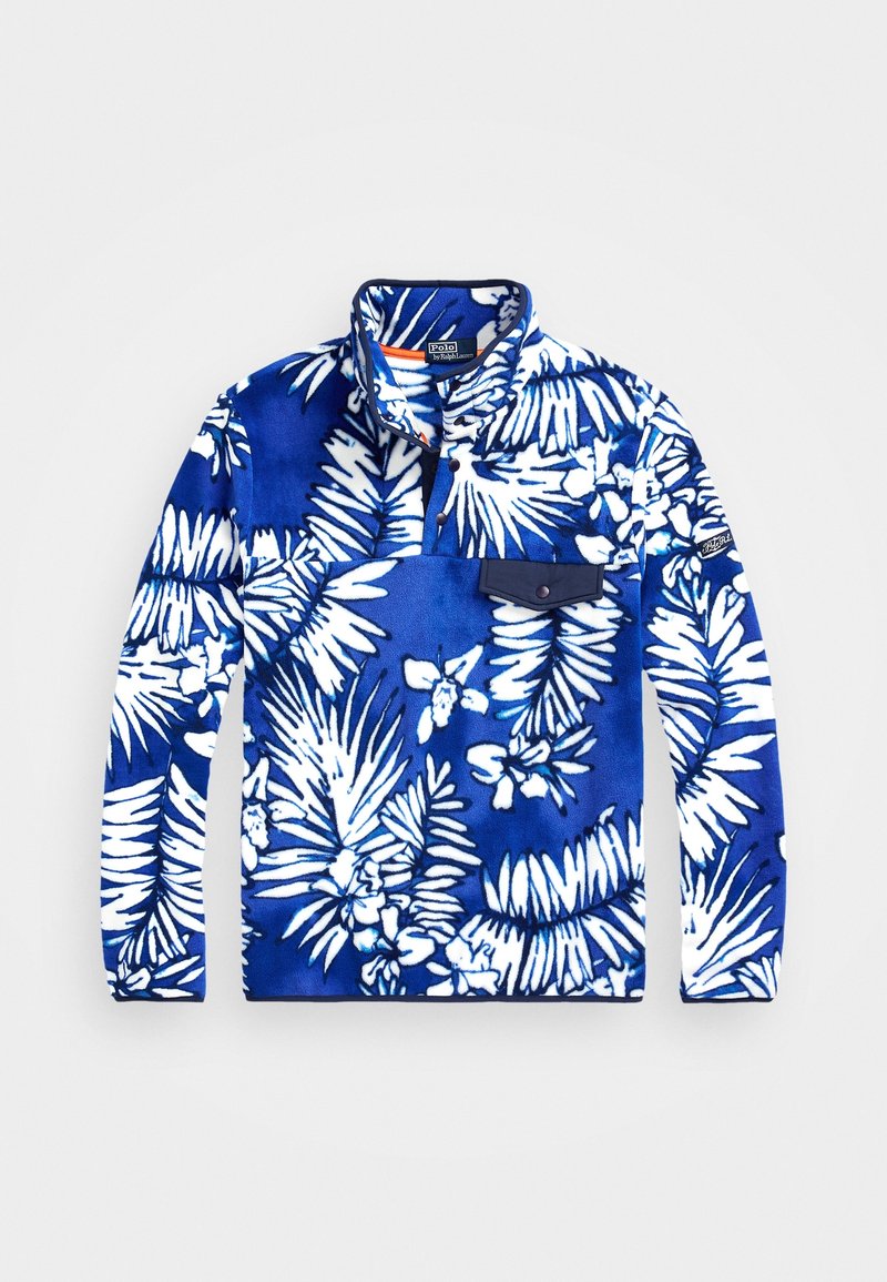 Niebiesko-biały pulower z polaru w kwiatowy wzór, z przodu na ćwiartkę zapinany na guziki i z patką na kieszeni na piersi, oznaczony jako Polo by Ralph Lauren.