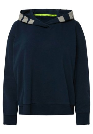 Marineblauwe sweatshirt met capuchon, voorzien van een grijs gestreept interieur. Ontworpen met lange mouwen en een geribde zoom en manchetten.