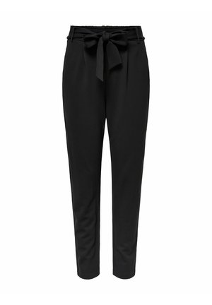 Pantalon noir effilé avec une taille haute et une ceinture en tissu nouée en nœud devant, présenté sur fond blanc.