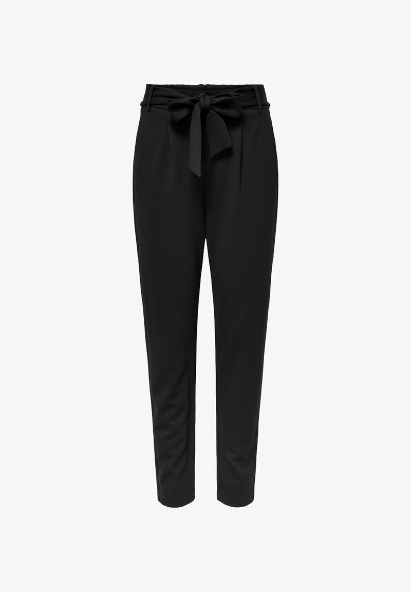 Pantalon noir effilé avec une taille haute et une ceinture en tissu nouée en nœud devant, présenté sur fond blanc.