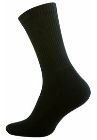 Calza nera a coste con lunghezza a metà polpaccio, caratterizzata da una texture liscia e una leggera elasticità per il comfort. Nessun motivo o accessorio visibile.