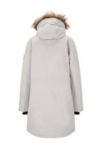 Hellgrauer Parka mit fellgefütterter Kapuze, langen Ärmeln und schwarzen Akzenten an den Manschetten. Helle Struktur, knielanges Design, einfache Nähte.