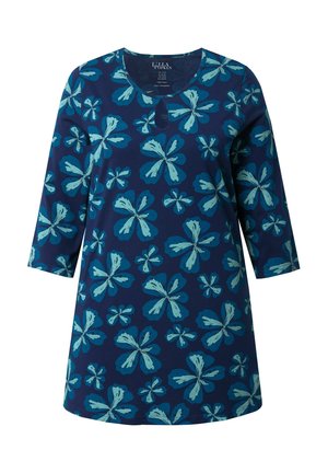 Blomstret tunika med rund halsudskæring, 3/4 ærmer, forsynet med lyseblå blomstermønstre på en marineblå baggrund. Blødt bomuldsstof.