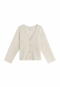 Kardigan w kolorze kości słoniowej, z dekoltem w kształcie litery V, długimi rękawami i pięcioma guzikami z przodu. Wykonany z miękkiego materiału o lekko puszystej fakturze.
