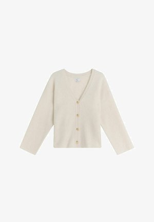 Elfenben cardigan med V-hals, lange ærmer og fem knapper foran. Lavet af blødt materiale med en let fluffy struktur.