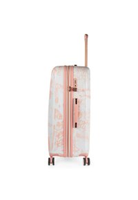 Maleta rígida con una base blanca y patrones de graffiti en tonos rosas, doble cremallera, acentos rosas, cuatro ruedas y un mango retráctil.