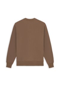 Sudadera marrón con cuello redondo, de mangas largas y puños y dobladillo acanalados. Material suave y color sólido sin logotipos ni estampados visibles.