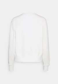 Felpa bianca a maniche lunghe vista dal retro, con polsini, orlo e scollatura a coste, su uno sfondo bianco.