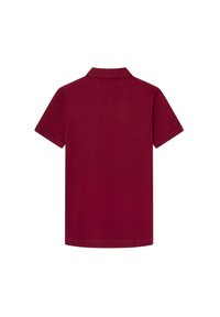 Burgundské bavlněné polo tričko s krátkými rukávy, s knoflíkovým límcem a hladkým povrchem. Jednoduchý design bez viditelných vzorů nebo akcentů.